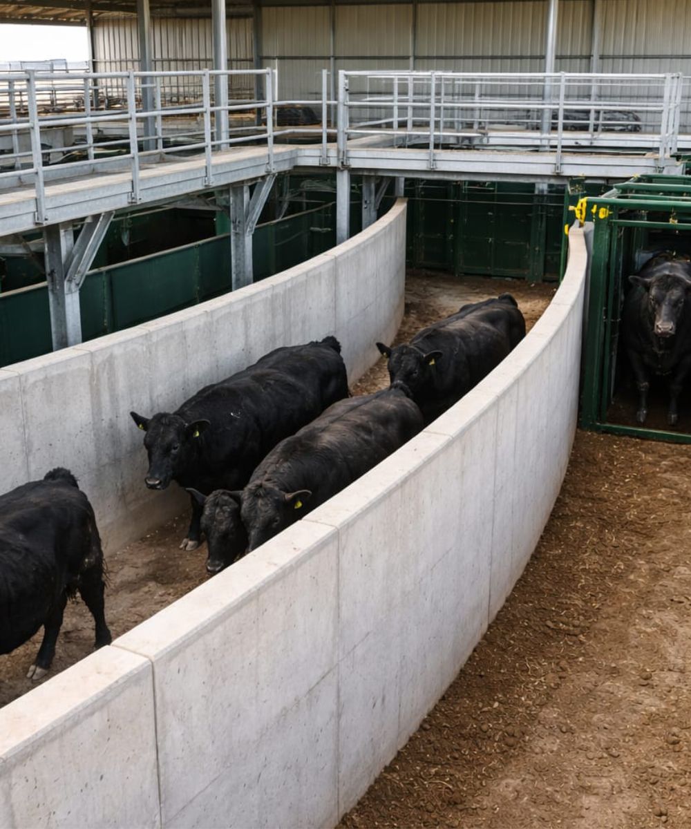 Bull-safe cattle handling facility with solid walls and elevated working platform
