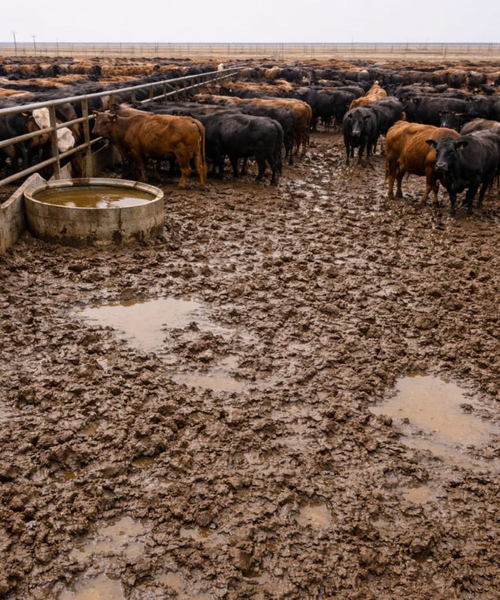 Poor pen surface conditions with mud affecting feedlot cattle performance