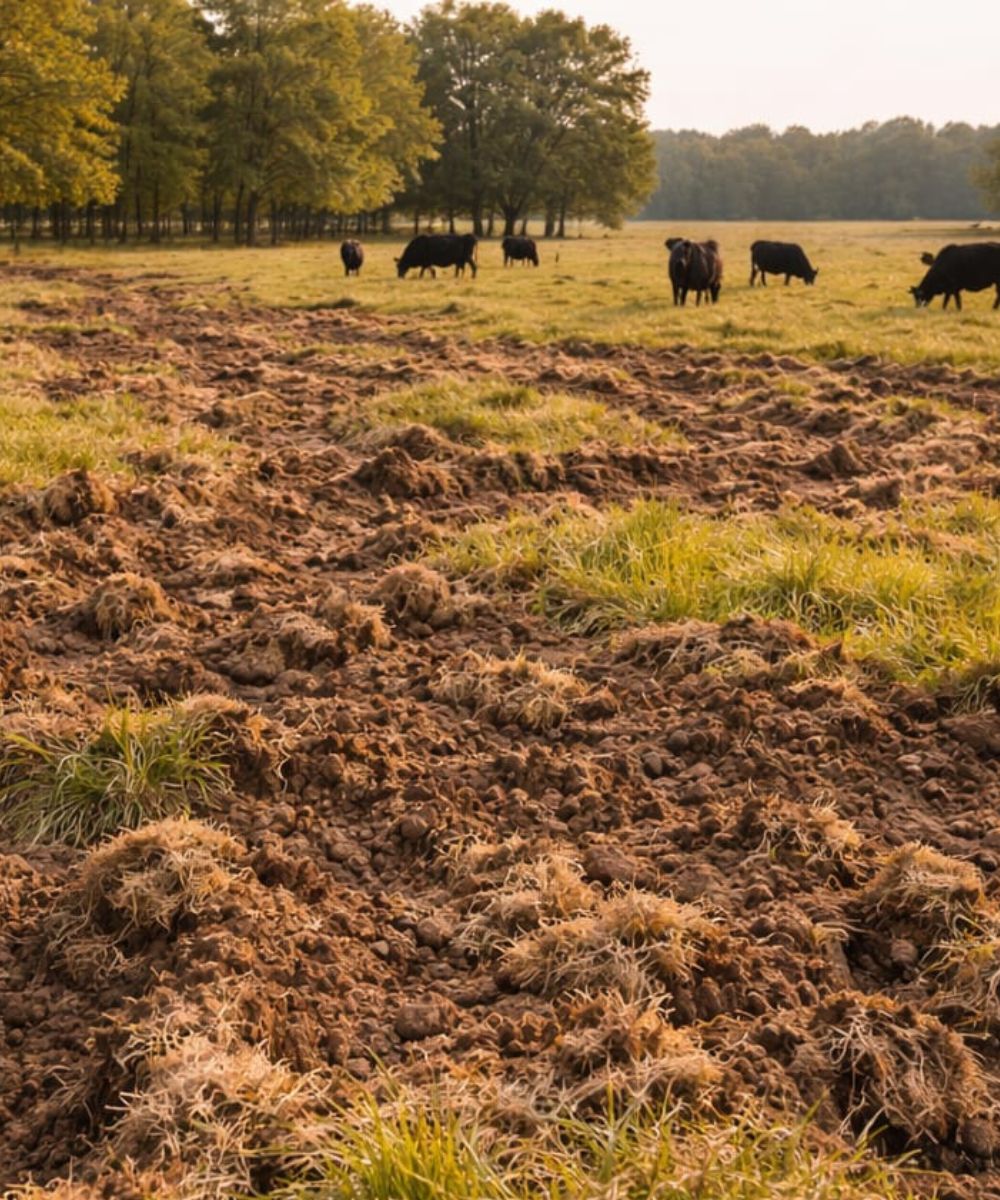Feral hog pasture damage showing extensive rooting destruction on cattle ranch