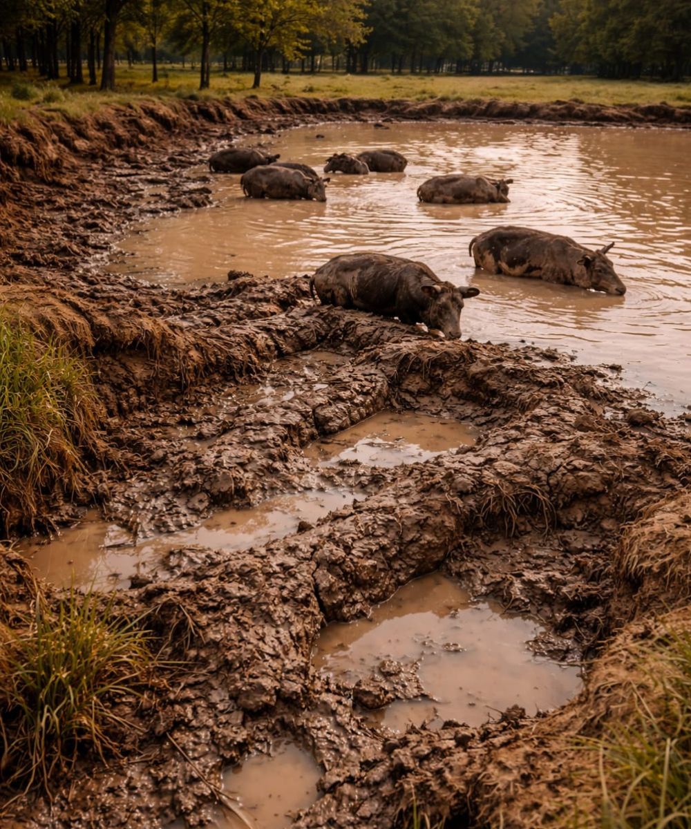 Feral hog wallow damage in cattle watering pond