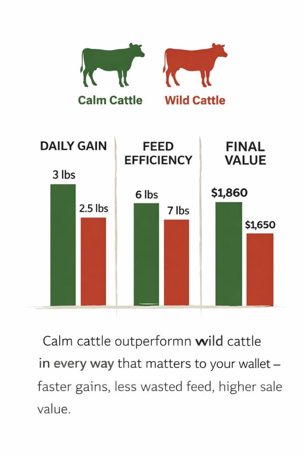 Performance comparison showing calm cattle gaining more weight and earning more money than wild nervous cattle
