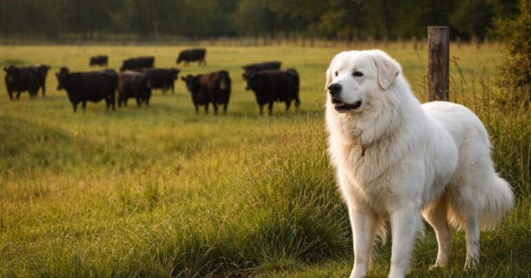 Livestock guardian dog standing alert in cattle pasture protecting herd from predators