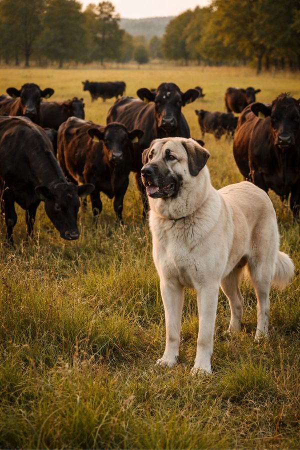 Anatolian Shepherd livestock guardian dog bonded with cattle herd standing alert in Montana pasture