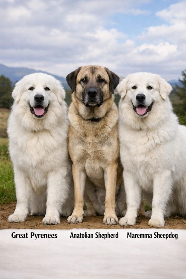 livestock guardian dog breeds showing in the image.