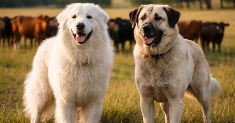 Great Pyrenees and Anatolian Shepherd livestock guardian dogs standing alert protecting cattle herd in ranch pasture