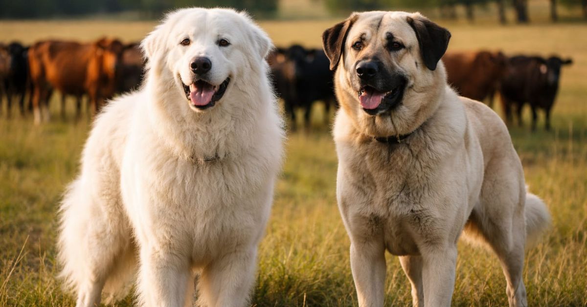 Great Pyrenees and Anatolian Shepherd livestock guardian dogs standing alert protecting cattle herd in ranch pasture