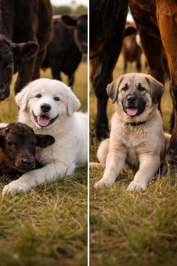 Great Pyrenees puppy bonding with cattle herd versus Anatolian Shepherd puppy establishing bond with cattle in pasture