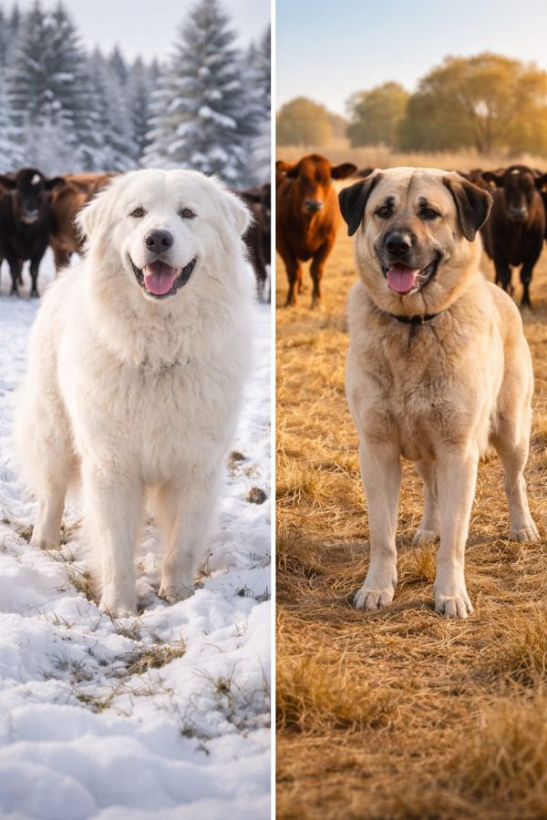 Side by side comparison chart of Great Pyrenees versus Anatolian Shepherd characteristics for cattle ranch guardian dog selection