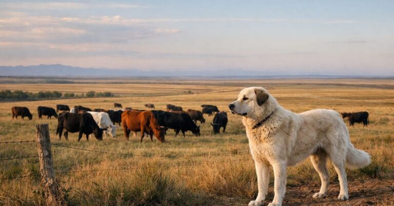 Ranch predator control showing livestock guardian dog protecting cattle herd from coyotes wolves and other predators across US operations