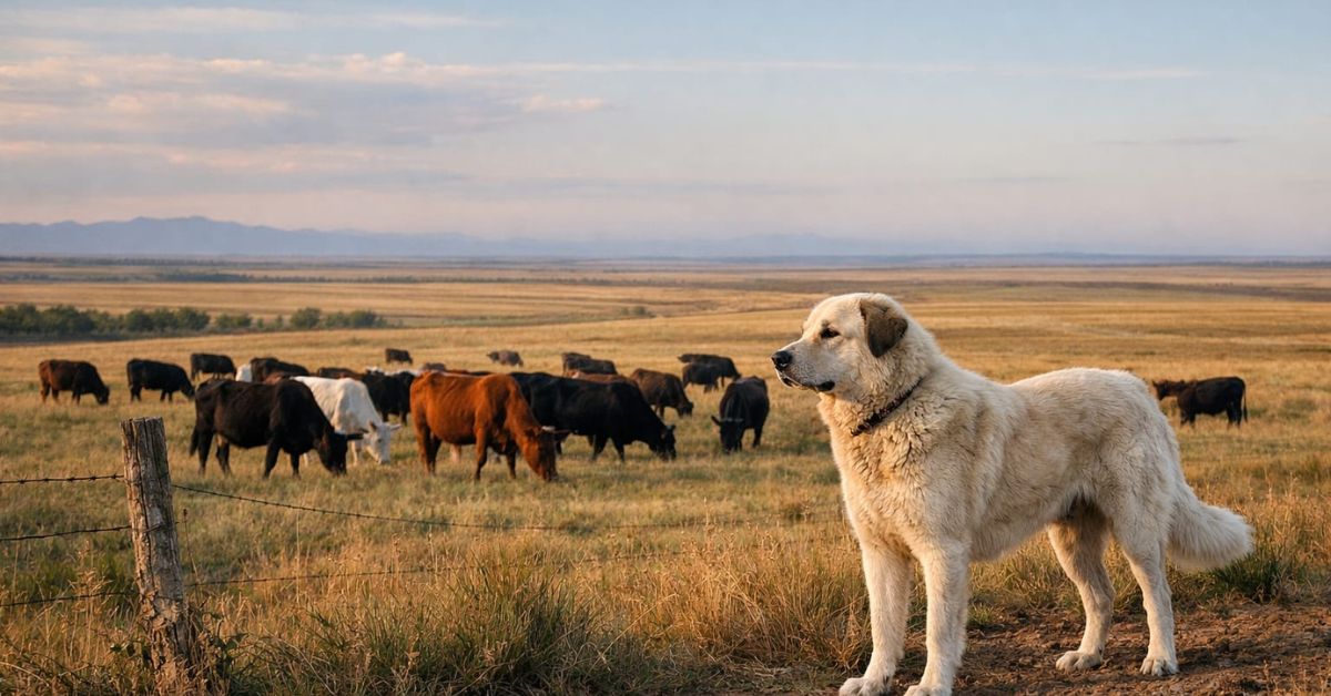 Ranch predator control showing livestock guardian dog protecting cattle herd from coyotes wolves and other predators across US operations