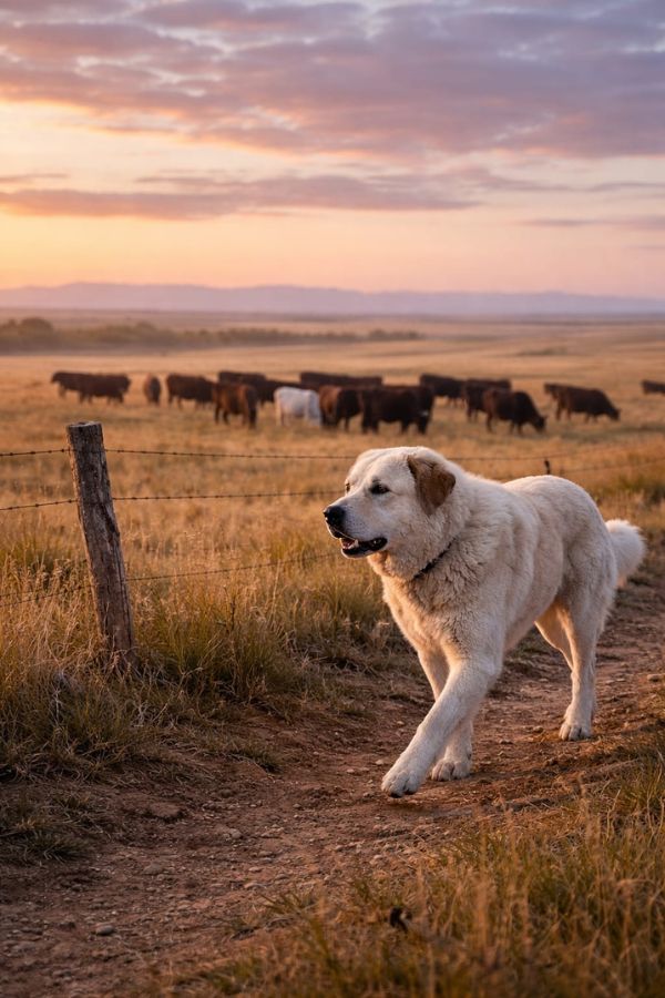 Livestock guardian dog patrolling cattle pasture perimeter monitoring for coyote and predator activity at dawn