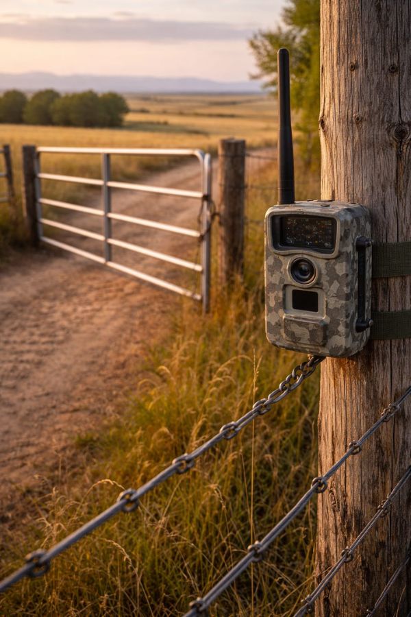 Trail camera mounted on fence post monitoring ranch gate entrance for security trespassers and predator activity