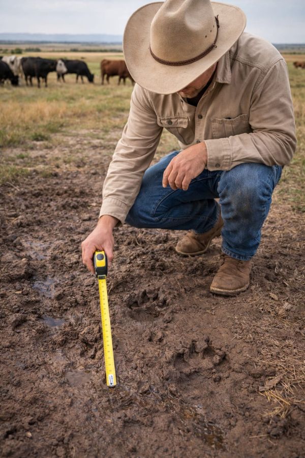Rancher measuring animal tracks in soil with ruler to identify predator species visiting cattle pasture