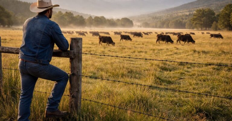 Rancher examining cattle pasture fence line in wolf country checking for predator sign and wolf activity near herd