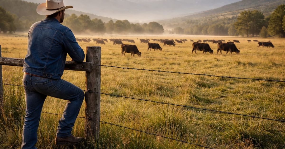 Rancher examining cattle pasture fence line in wolf country checking for predator sign and wolf activity near herd