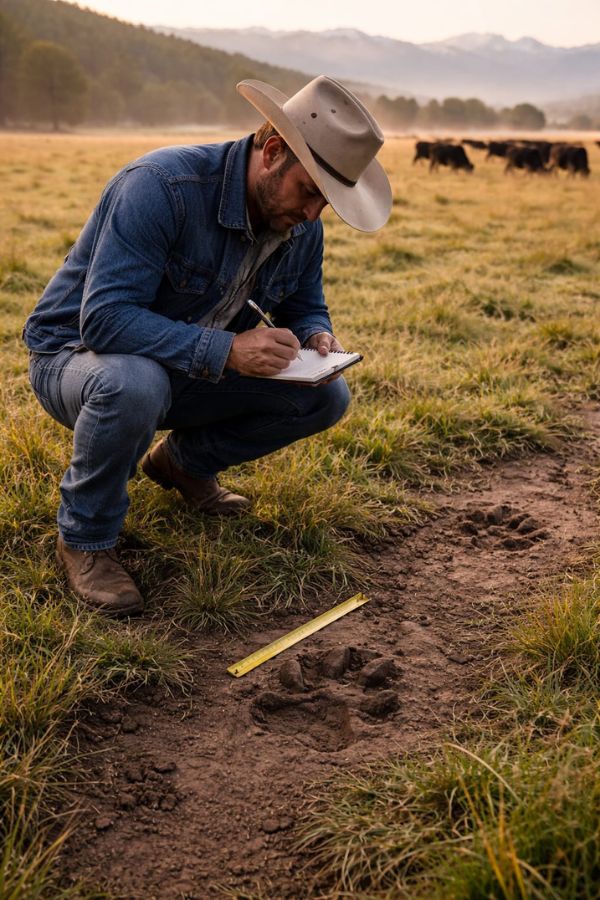 Cattle rancher walking pasture in Montana wolf territory checking herd condition and looking for signs of wolf predation activity