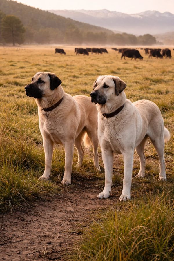 Two large Kangal livestock guardian dogs standing alert at cattle pasture edge in wolf country providing predator protection