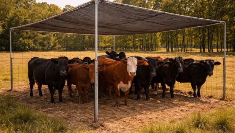 Portable cattle panel shade structure providing heat relief for beef cattle