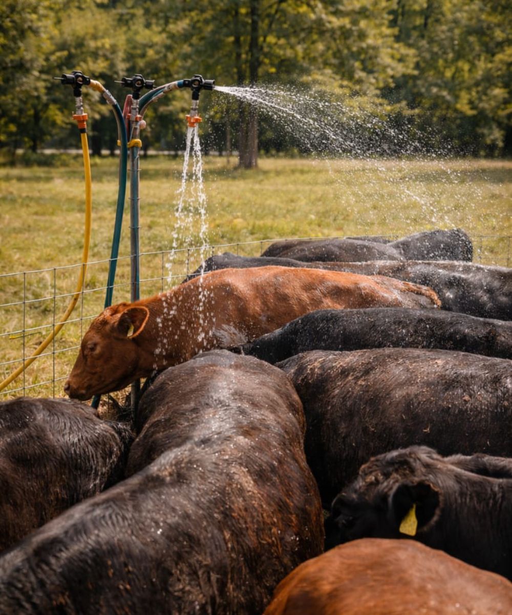 Budget DIY sprinkler system cooling cattle during summer heat