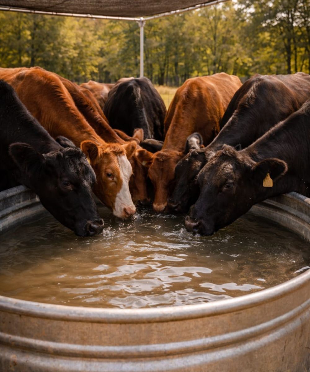 Shaded water tank with cattle drinking showing heat stress management