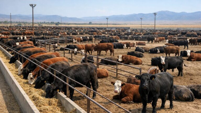 Commercial cattle feedlot showing herd behavior and management practices