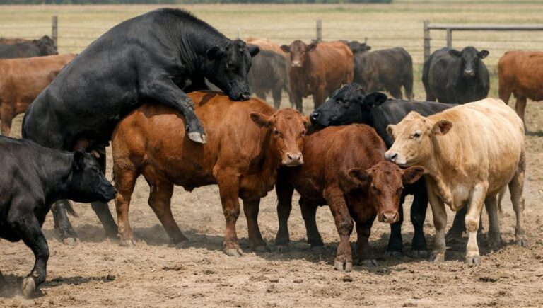 Beef cattle herd showing multiple estrus behaviors including mounting and following