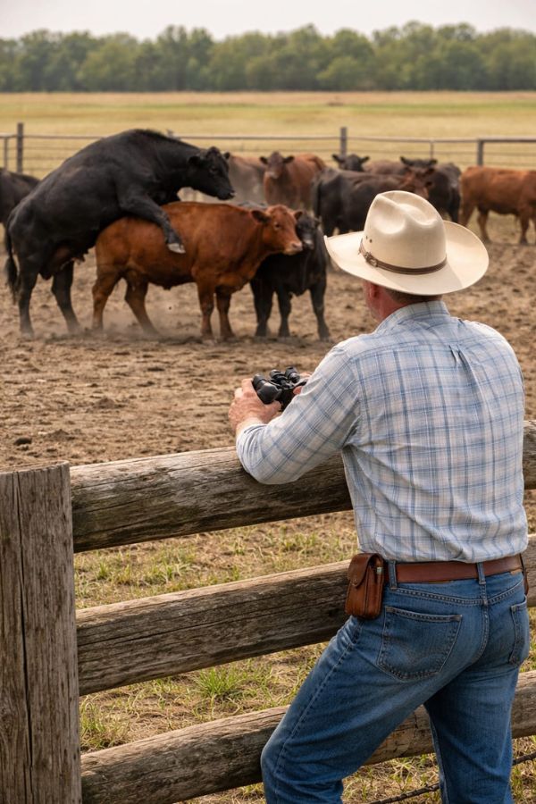 Rancher conducting heat detection observation in beef cattle breeding herd