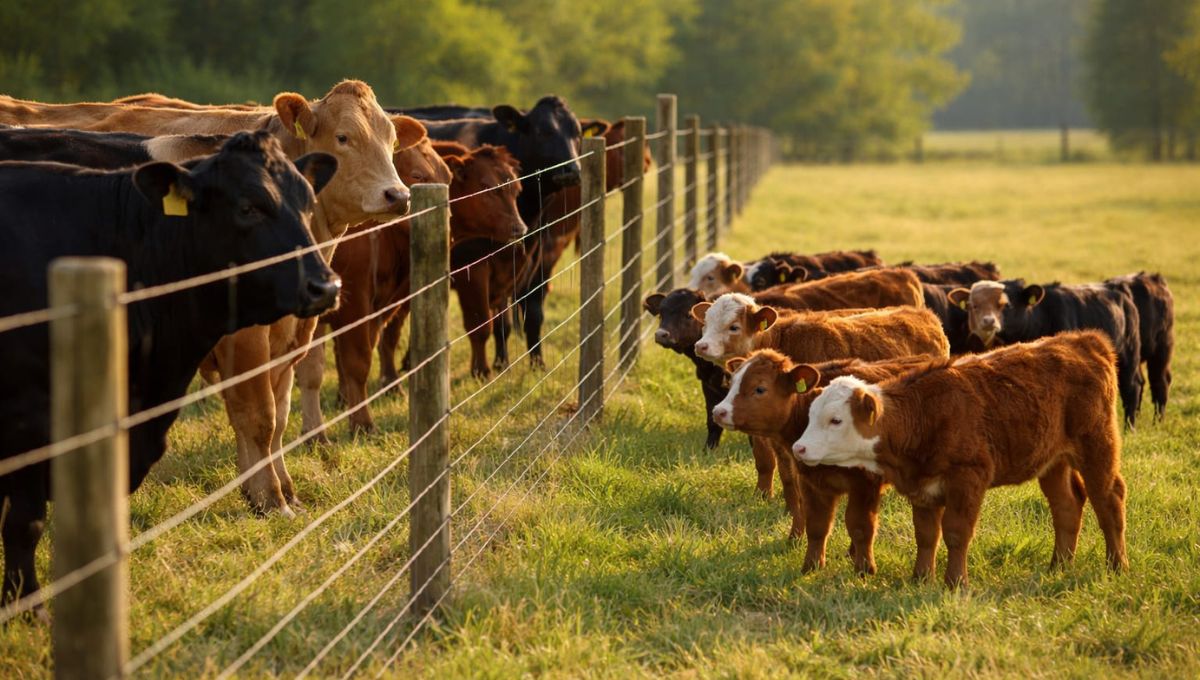 Fence-line weaning showing calves and cows separated by fence with visual contact