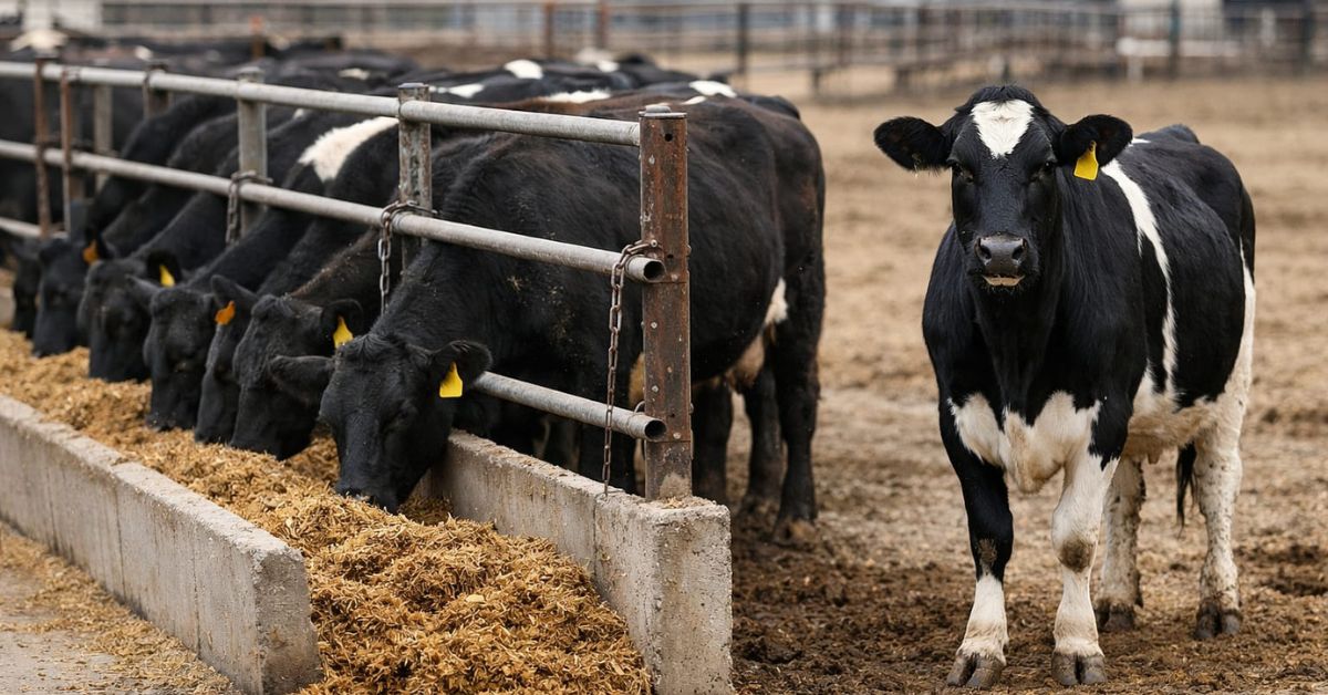 Cattle feed refusal showing one animal not eating while herd mates consume feed