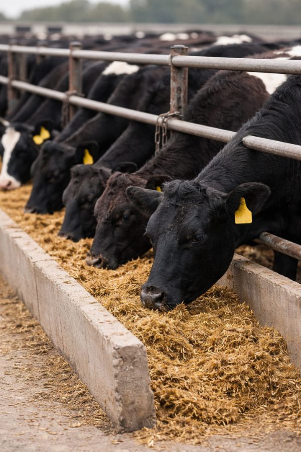 Normal cattle feeding behavior at feed bunk in commercial feedlot