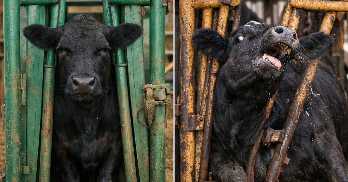 Comparison of calm cattle handling quietly versus nervous wild cattle fighting in ranch squeeze chute