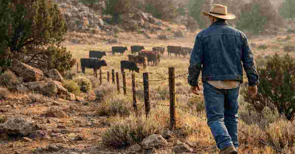 Rancher examining cattle pasture perimeter in mountain lion country checking for large cat predator sign and tracks near herd