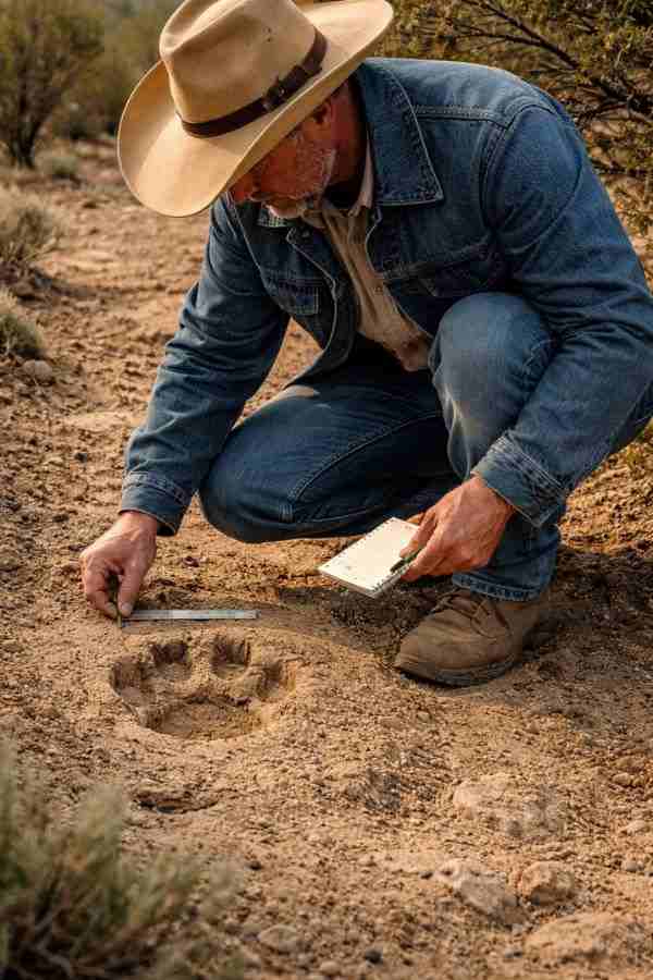 Rancher crouching measuring large round mountain lion tracks in soft soil near cattle pasture with ruler for accurate identification