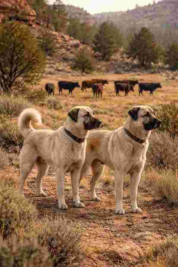 Two Anatolian Shepherd guardian dogs standing alert at cattle pasture edge in mountain lion country Arizona Colorado protecting herd