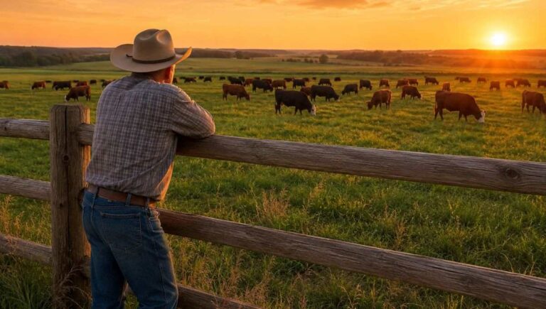Experienced rancher monitoring beef cattle herd behavior in open pasture during herd management on working US ranch
