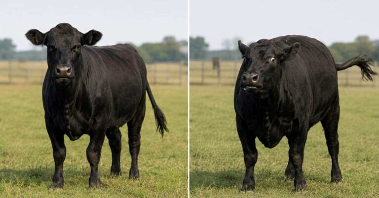 Calm cow vs stressed cow body language comparison showing ear position eye white and tail signals for ranchers