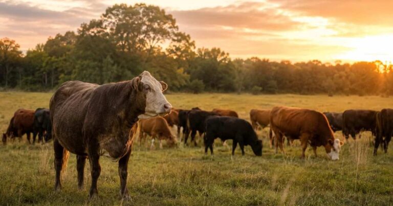 Dominant boss cow standing apart from beef cattle herd in open pasture showing natural herd hierarchy behavior