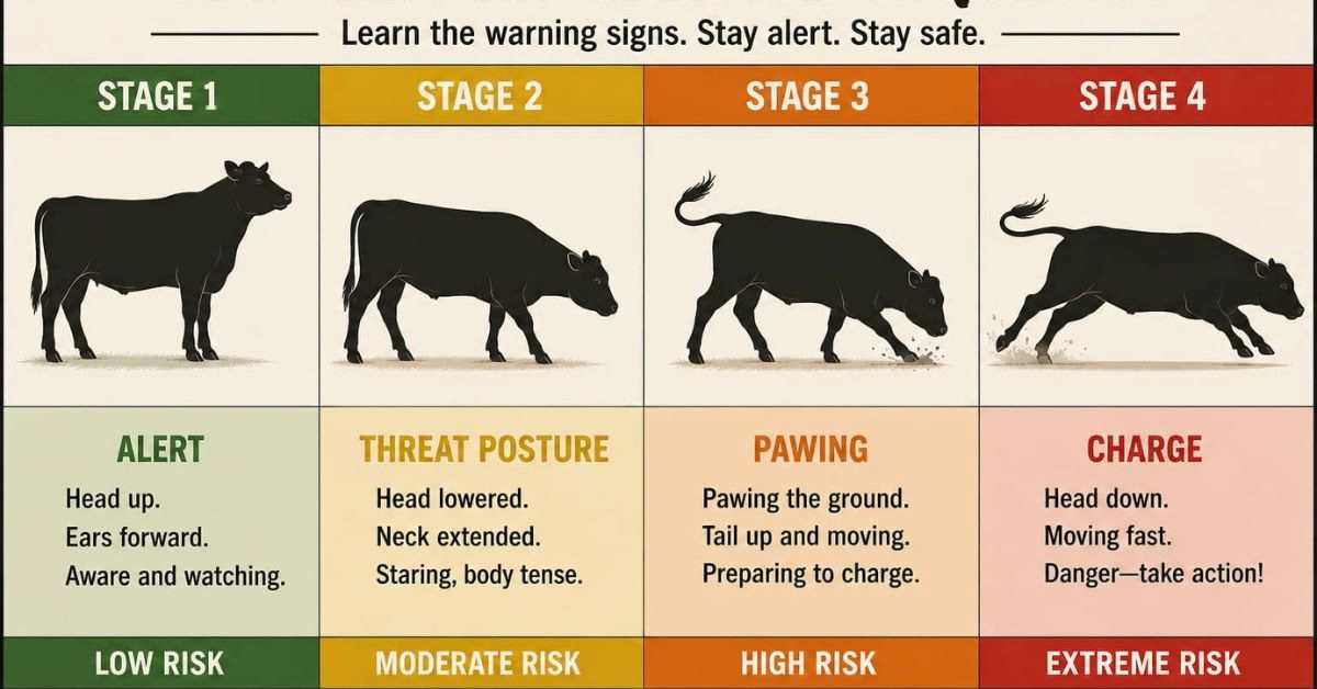 Four stage cattle pre-charge warning sequence diagram showing escalating threat postures from alert to imminent charge