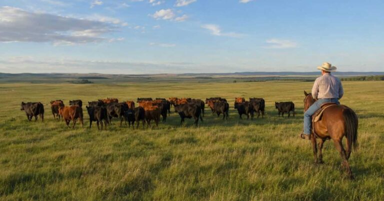 Rancher on horseback moving beef cattle herd across open pasture without herding dog using correct positioning technique