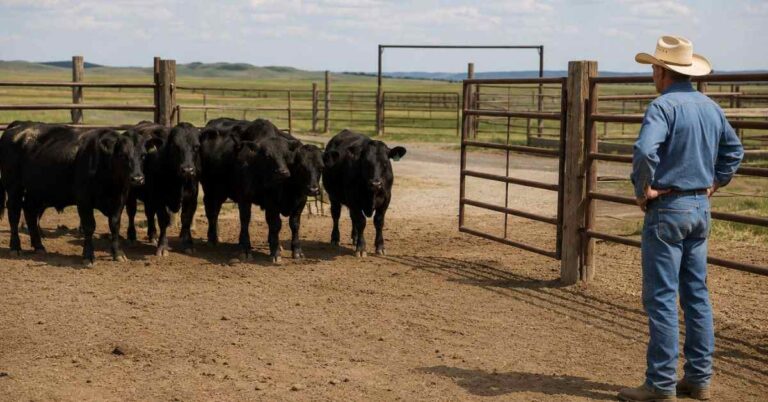 Beef cattle stopped and refusing to move through open gate on working ranch showing common cattle handling problem