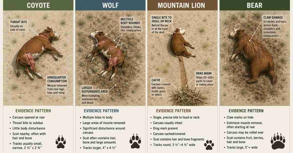 Educational diagram comparing coyote wolf mountain lion and bear kill site evidence patterns on livestock for rancher identification guide